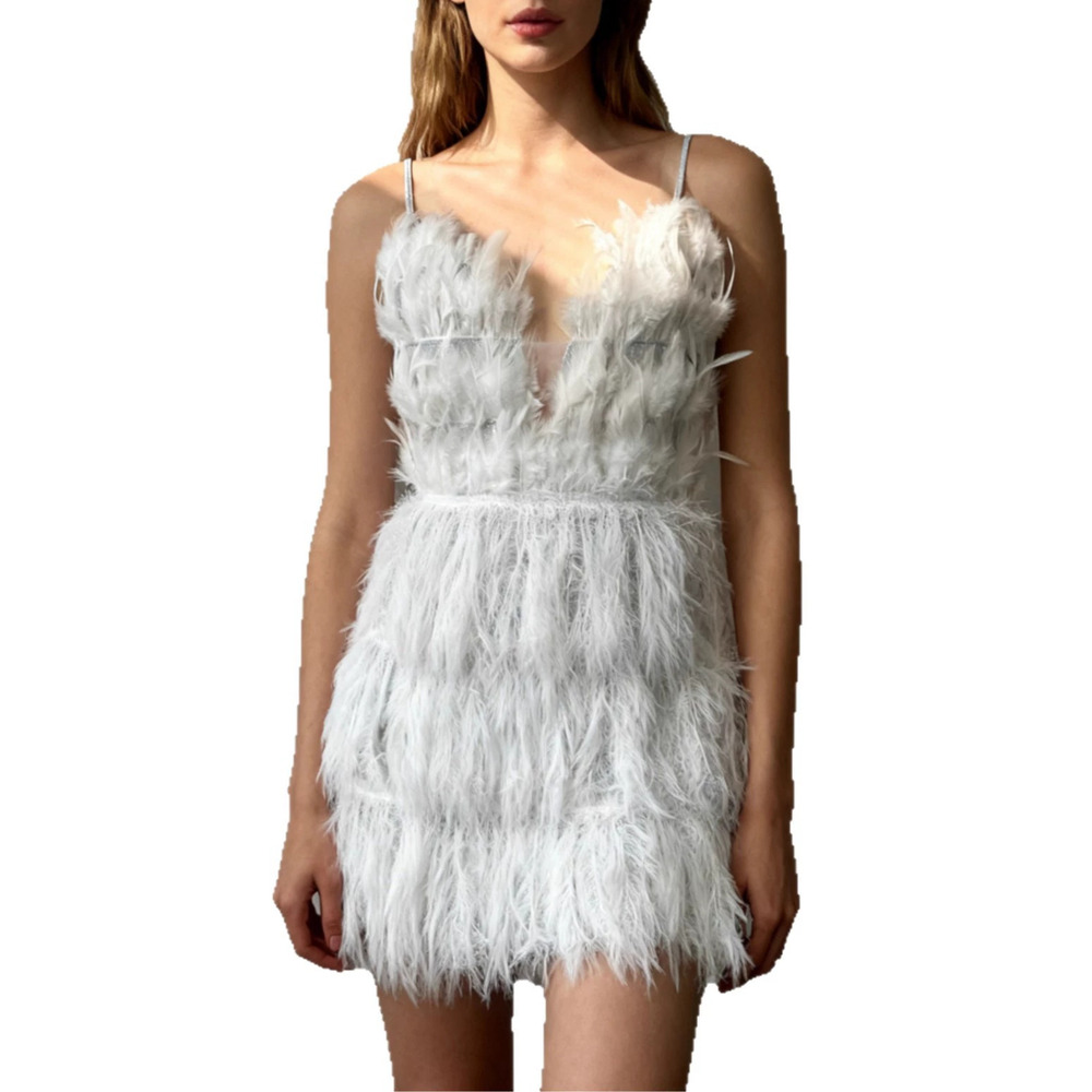 ZARA Sexy Deep V Evening Slip Dress White Feather Patchwork Mini Dress - Picture 5 of 5